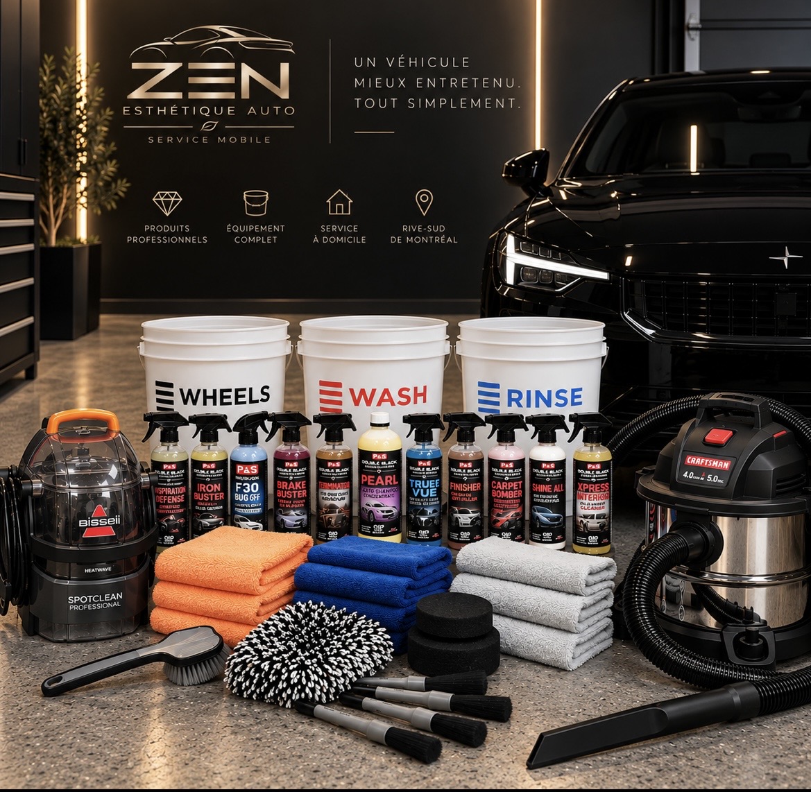 Produits et équipement professionnels ZEN Esthétique Auto : seaux, nettoyants, microfibres, brosses et aspirateur
