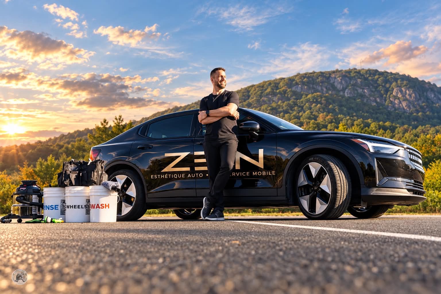 Véhicule noir ZEN Esthétique Auto impeccablement propre au coucher du soleil, avec l'équipement de lavage mobile